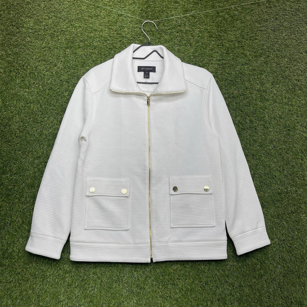 St. John Santana Knit Jacket Womens XS Cardigan Ivory White Gold Accent Zip Up